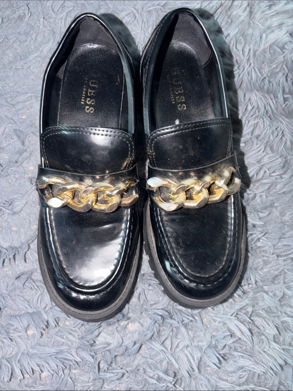 Guess Black Patent Loafers with Gold Chain Accent